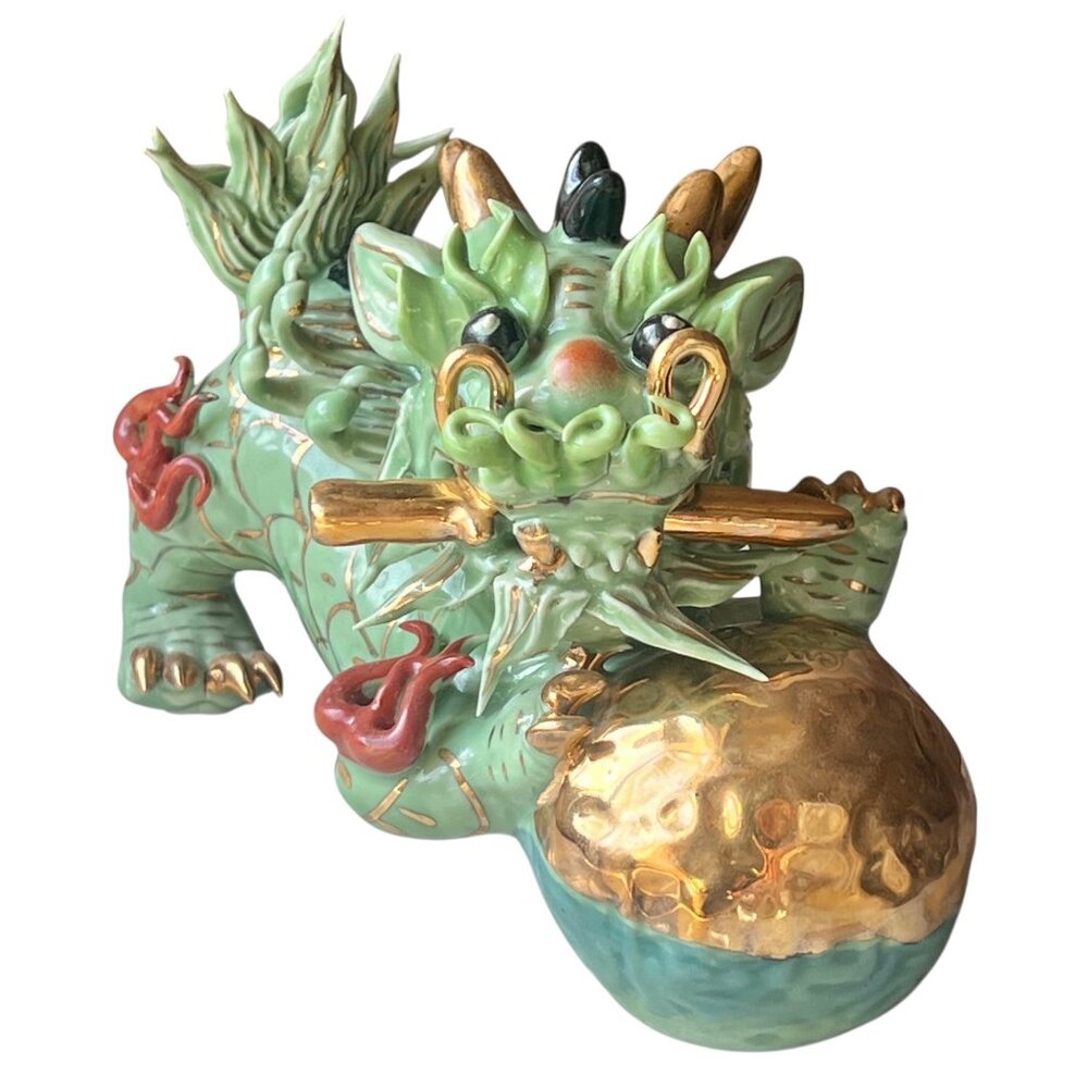 Foo Dog Imperial Guardian Handcrafted Porcelain Green & Gold Tone  Sculpture